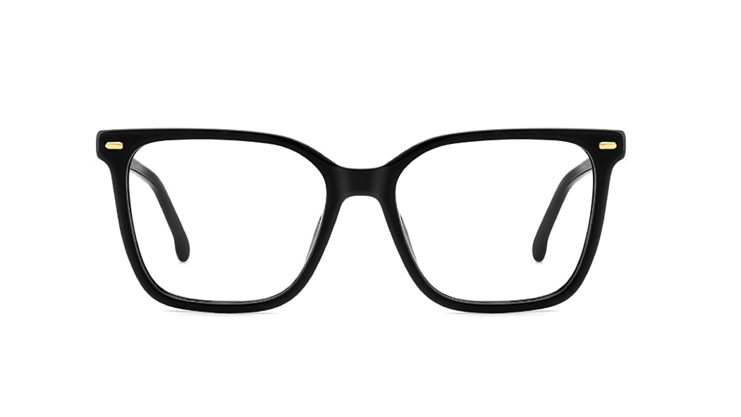 Black acetate eyeglass frames with a thick, rounded rectangular shape and small gold metal accents on the temples, shown against a plain white background.