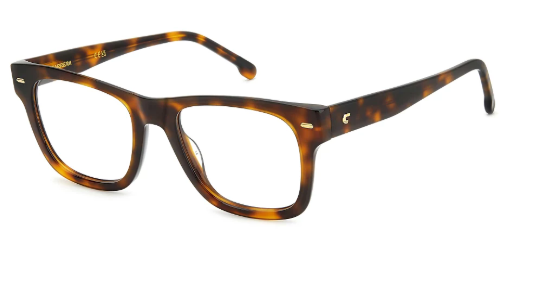 A pair of classic square-frame eyeglasses with a brown and amber tortoiseshell acetate frame, shown on a plain white background.