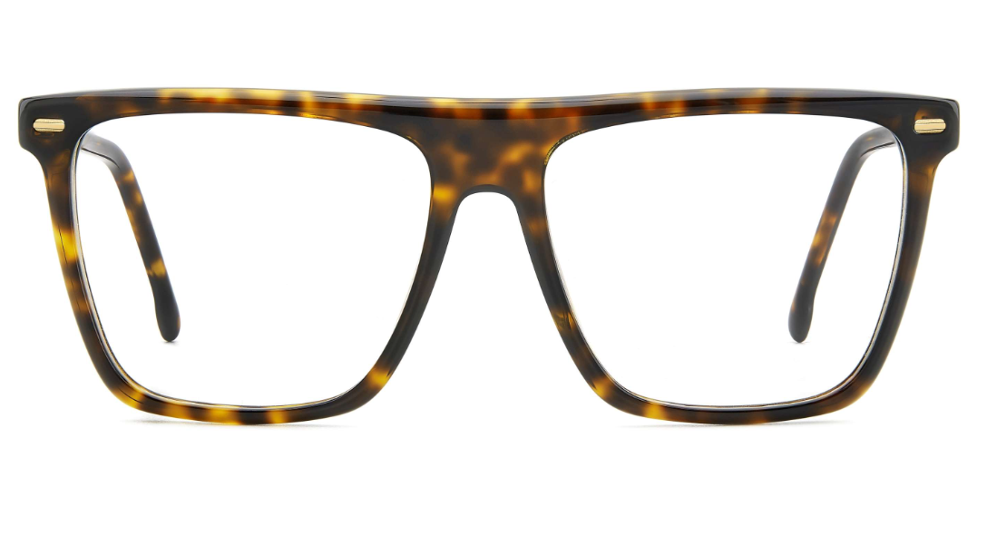A pair of square eyeglasses with a dark brown and amber tortoiseshell acetate frame, shown from a front-facing perspective on a plain white background.