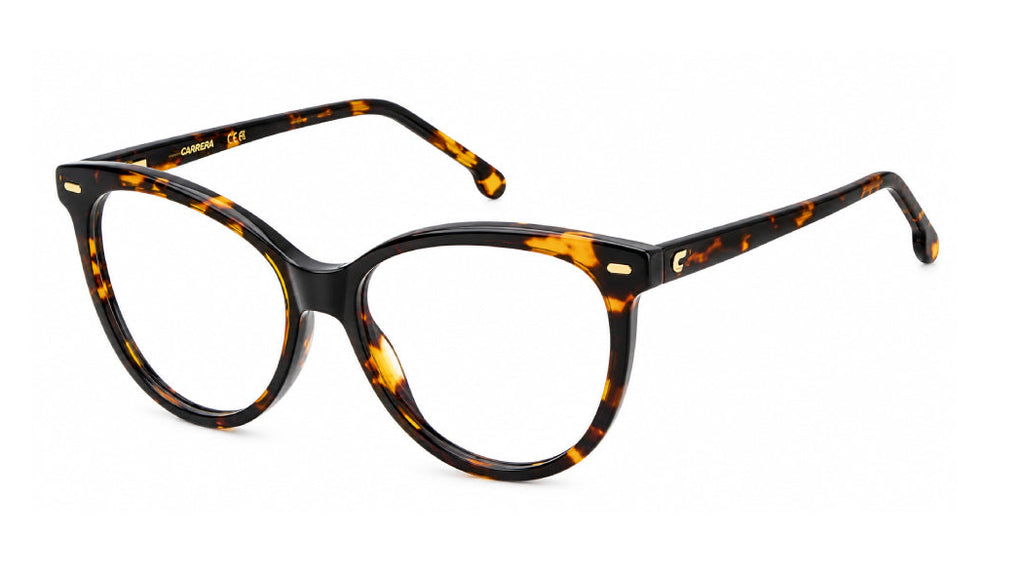 A pair of classic cat-eye eyeglasses featuring a glossy black acetate frame with a warm amber-brown tortoiseshell pattern, shown on a solid white background.