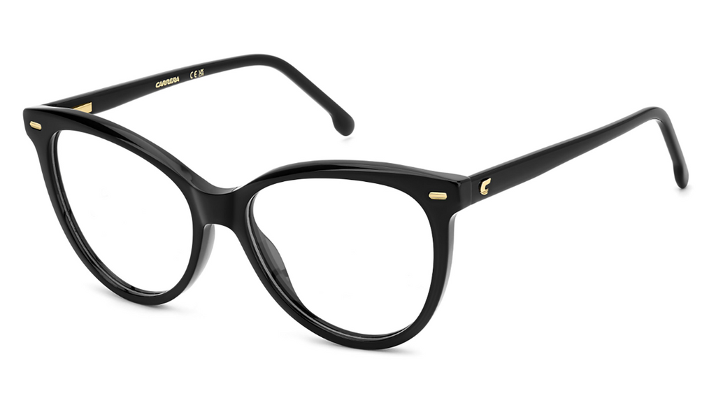 Black cat-eye eyeglasses with gold metal accents on the temples, shown on a clean white background.