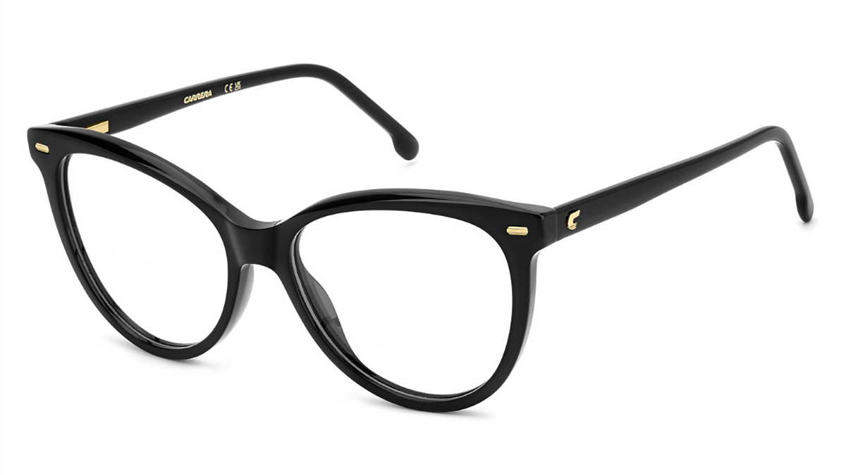 Black cat-eye eyeglasses with gold metal accents on the temples, shown on a clean white background.