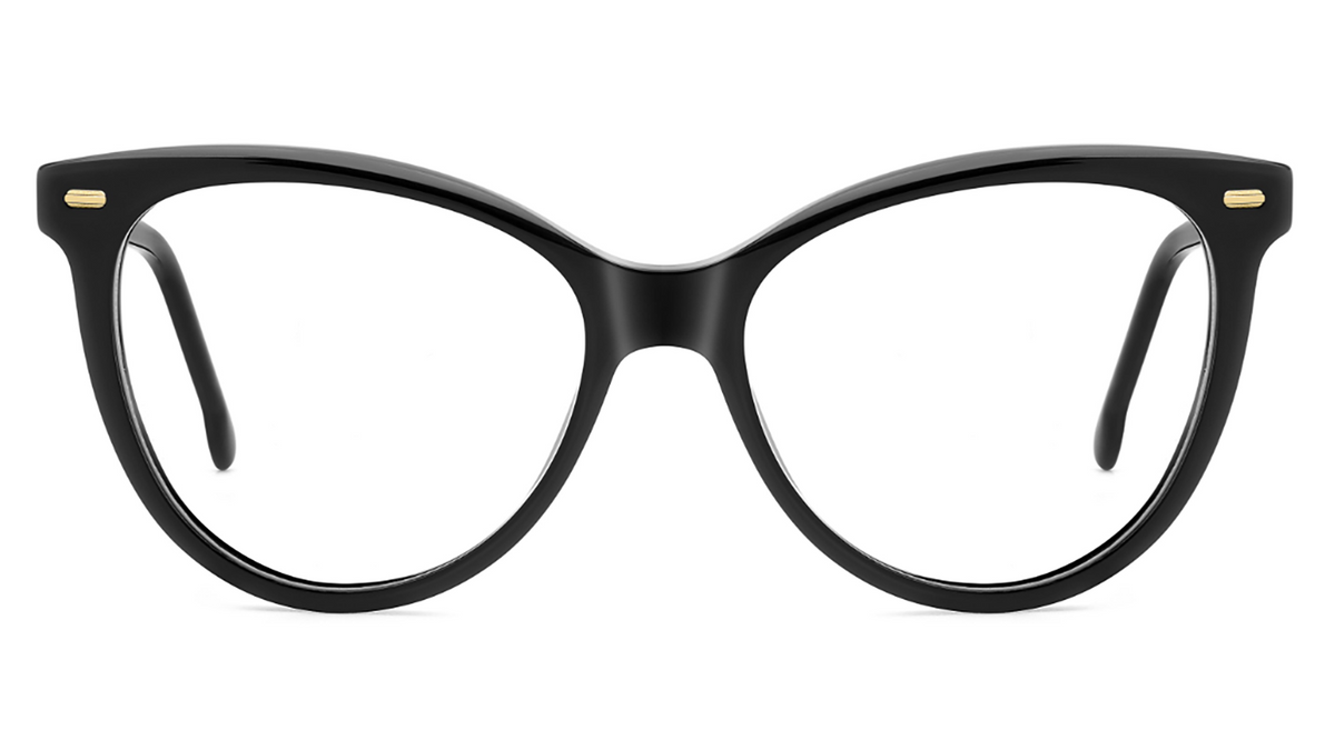 Black cat-eye eyeglasses with small gold metal accents on the temples, shown against a plain white background.