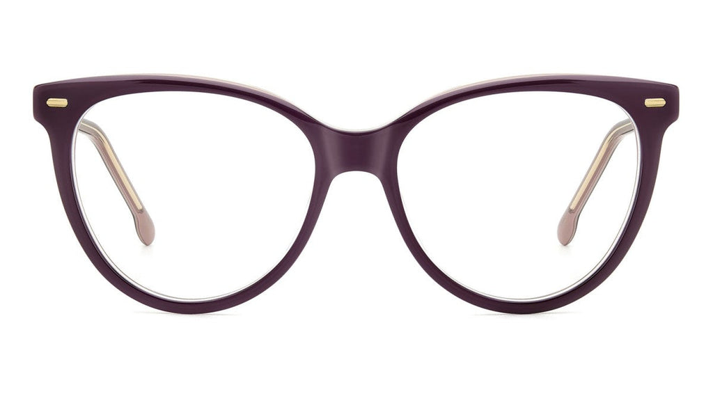 Oversized round eyeglasses with a dark plum purple acetate frame and gold metal accents on the hinges, shown against a plain white background.