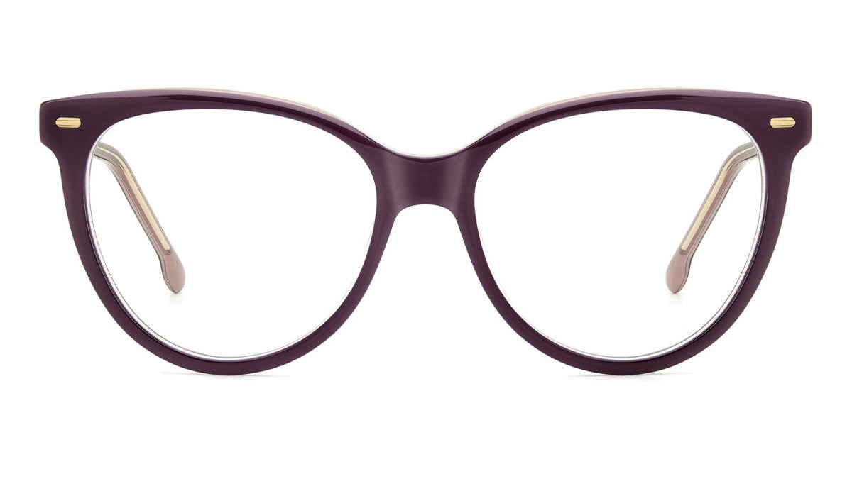 Oversized round eyeglasses with a dark plum purple acetate frame and gold metal accents on the hinges, shown against a plain white background.