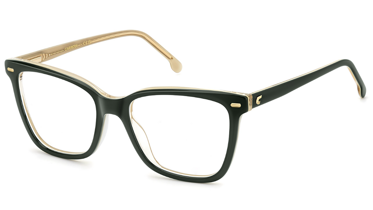 A pair of cat-eye style eyeglasses featuring a glossy black acetate frame with gold metal trim and temples, shown on a plain white background.