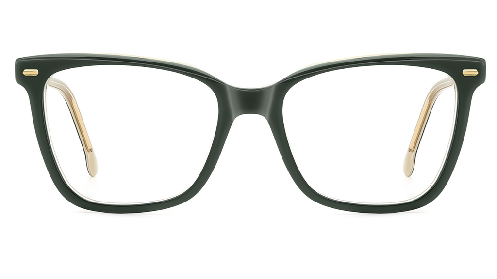 A pair of thick, dark forest green cat-eye eyeglass frames with gold metal accents on the temples, shown against a solid white background.