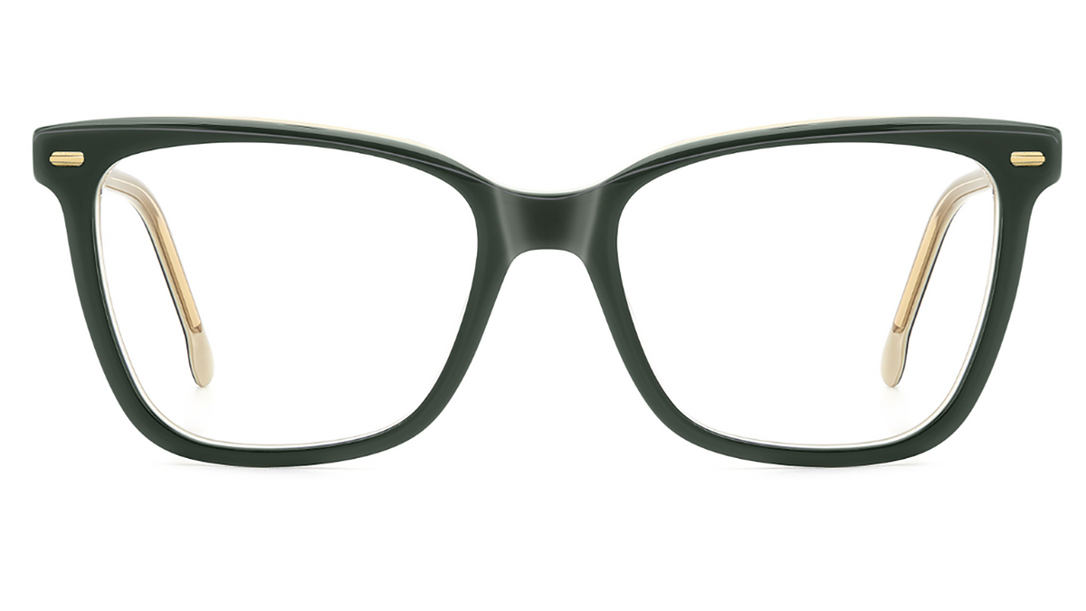 A pair of thick, dark forest green cat-eye eyeglass frames with gold metal accents on the temples, shown against a solid white background.