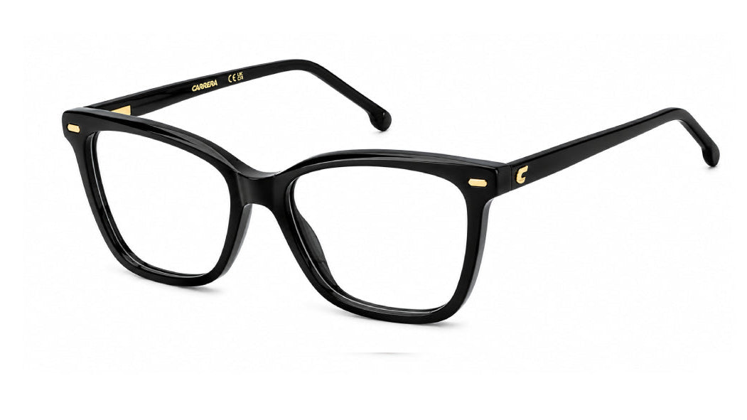 Black acetate eyeglasses with a chunky rectangular frame and small gold metal accents on the temples, shown on a white background.