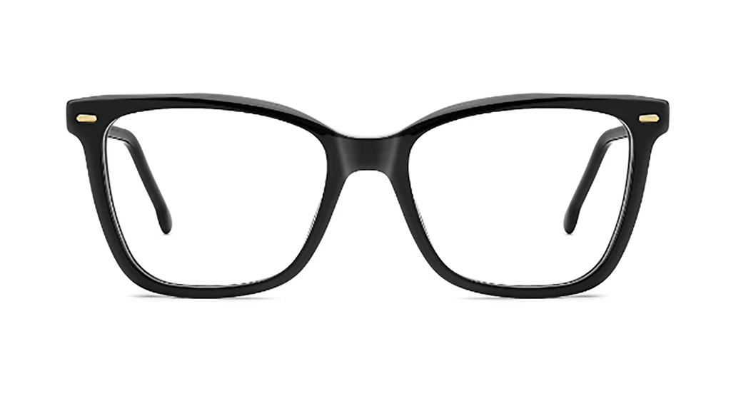 Black acetate eyeglass frames with clear lenses and small gold metal accents on the temples, shown against a plain white background.