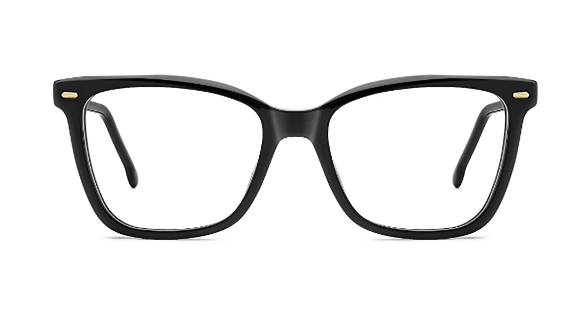Black acetate eyeglass frames with clear lenses and small gold metal accents on the temples, shown against a plain white background.