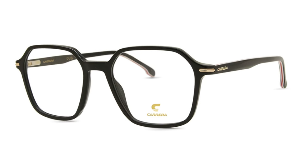 Carrera full-rim eyeglasses in glossy black acetate with gold metal accents on the hinges and inner temples, featuring the Carrera logo on the lower frame and a signature red, white, and blue stripe on the temple tips.