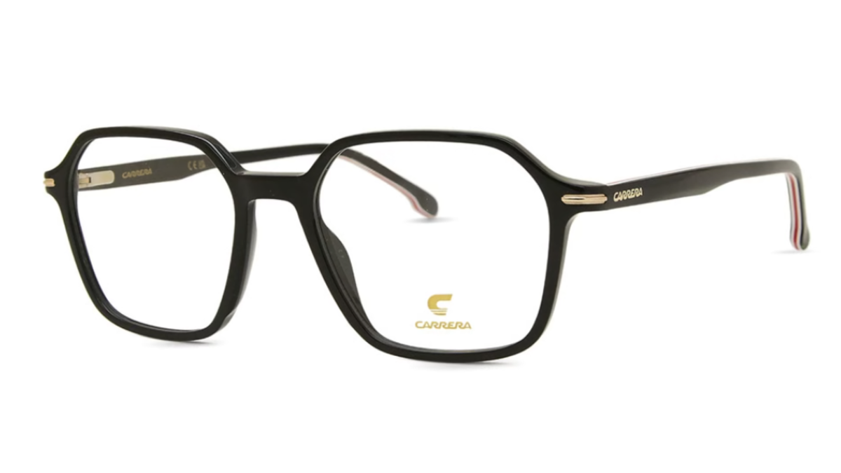 Carrera full-rim eyeglasses in glossy black acetate with gold metal accents on the hinges and inner temples, featuring the Carrera logo on the lower frame and a signature red, white, and blue stripe on the temple tips.