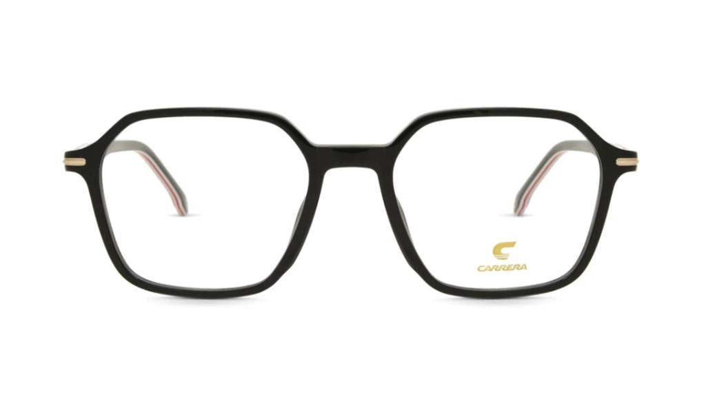Black rectangular eyeglasses with a gold logo on the lower right corner of the frame, displayed against a solid white background.