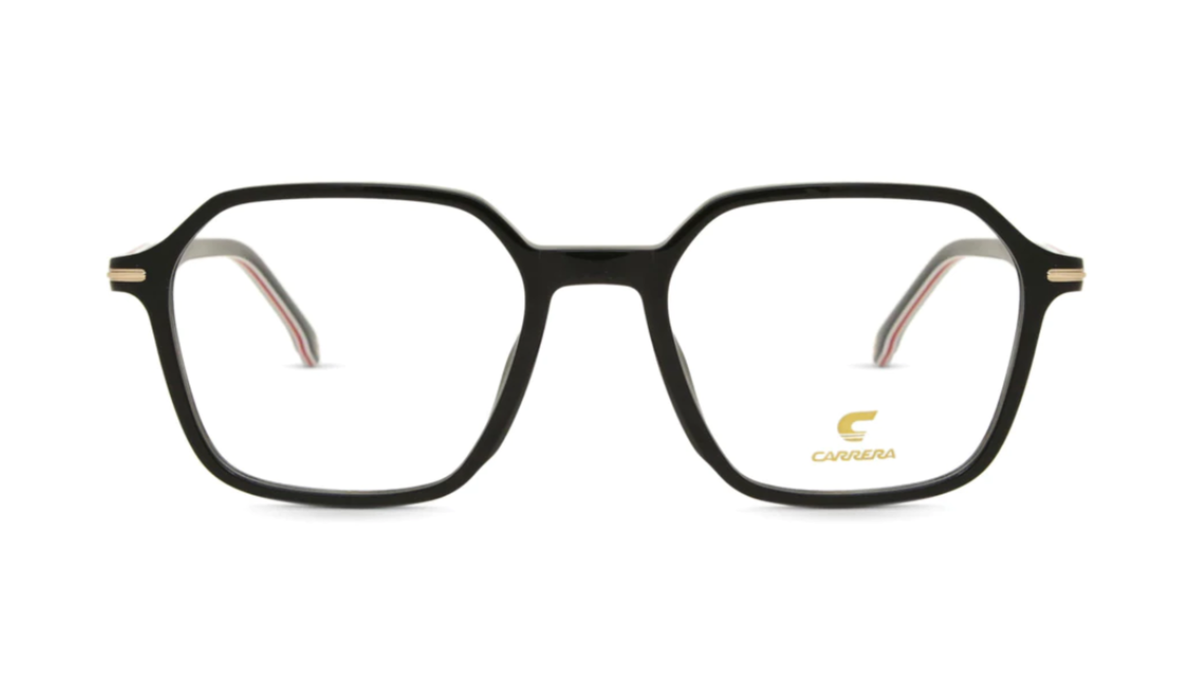 Black rectangular eyeglasses with a gold logo on the lower right corner of the frame, displayed against a solid white background.