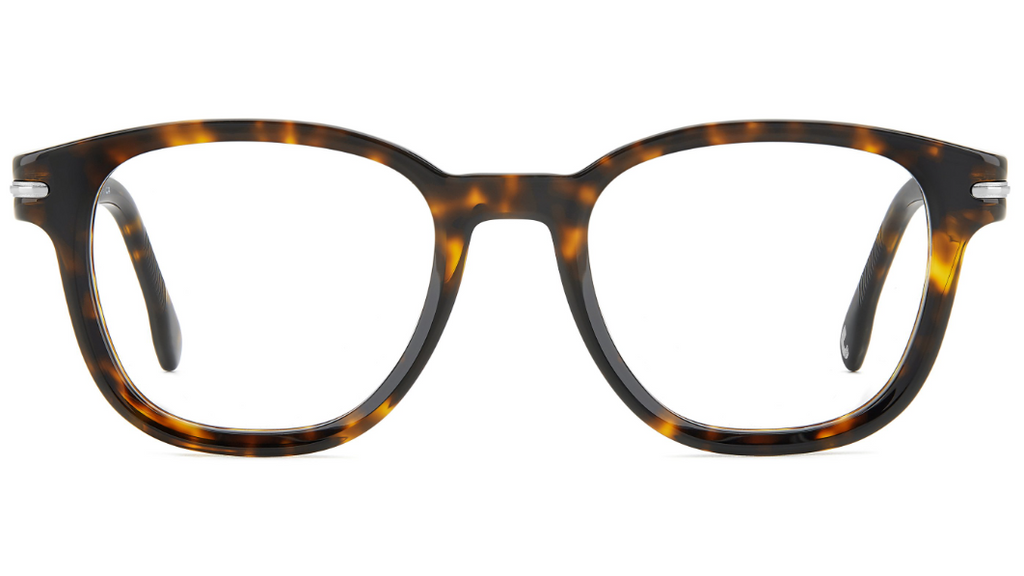 Tortoiseshell eyeglasses with a thick square frame and clear lenses, shown against a plain white background.