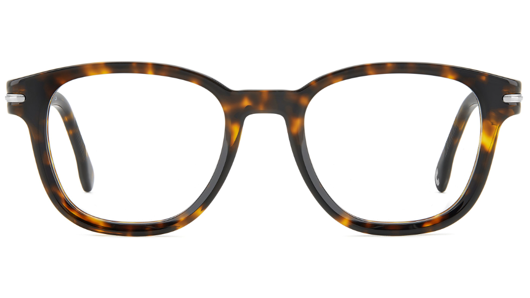 Tortoiseshell eyeglasses with a thick square frame and clear lenses, shown against a plain white background.