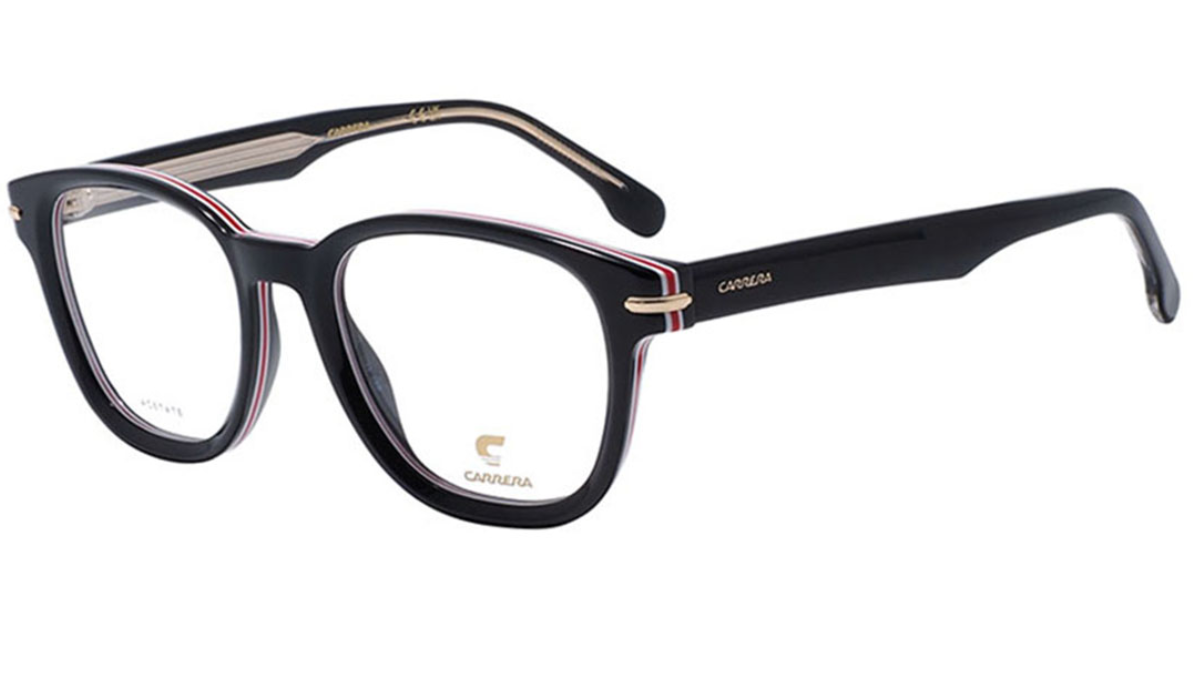 A pair of Carrera eyeglasses with a black acetate frame, featuring thin red and beige pinstripe details along the top rims and temples, with gold-tone brand lettering.