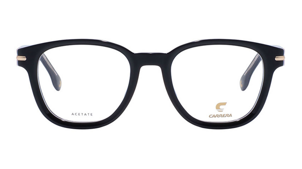 Black acetate eyeglass frames with gold-tone metal accents on the temples, shown against a plain white background. The brand name 'CARRERA' is printed in gold on the lower right lens.