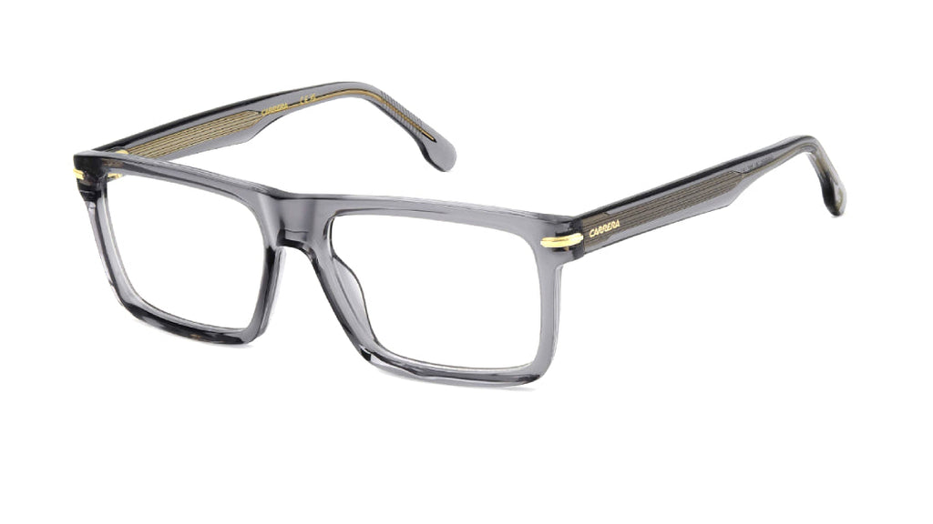 Gray translucent acetate eyeglass frames with gold metal accents on the temples, shown on a plain white background.