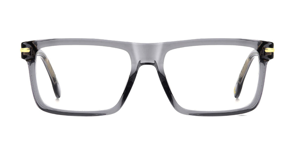 A pair of square-frame eyeglasses with a translucent smoky gray acetate frame and small gold metal accents on the hinges, shown against a plain white background.