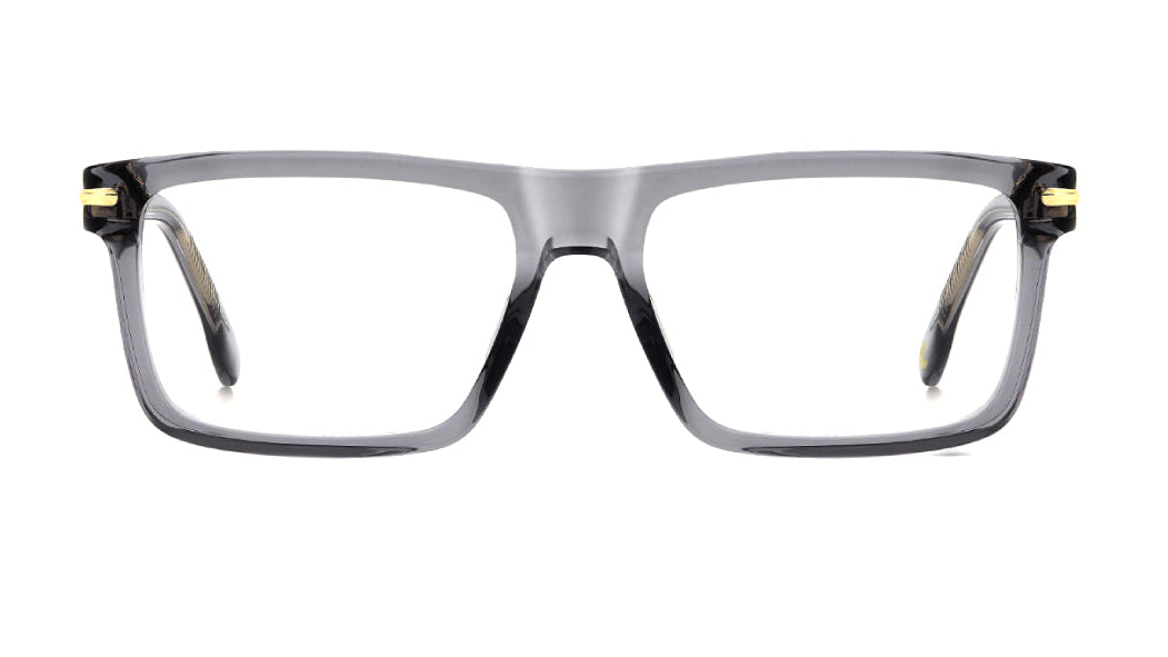 A pair of square-frame eyeglasses with a translucent smoky gray acetate frame and small gold metal accents on the hinges, shown against a plain white background.