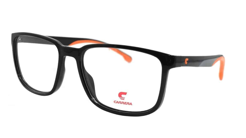 Black rectangular eyeglasses with orange temple tips and a red Carrera logo on the lower left lens, shown on a white background.