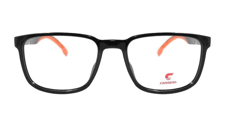 Black rectangular eyeglass frames with clear lenses and orange inner temple tips, shown against a plain white background. The red Carrera logo is visible on the lower right lens.