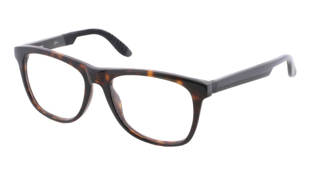 Black eyeglasses with gold accents on a white background