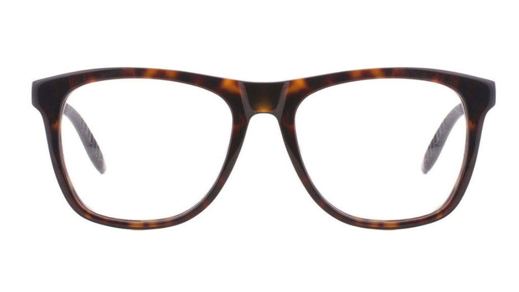 A pair of thick-framed eyeglasses with a classic tortoiseshell pattern in dark brown and amber, shown against a plain white background.