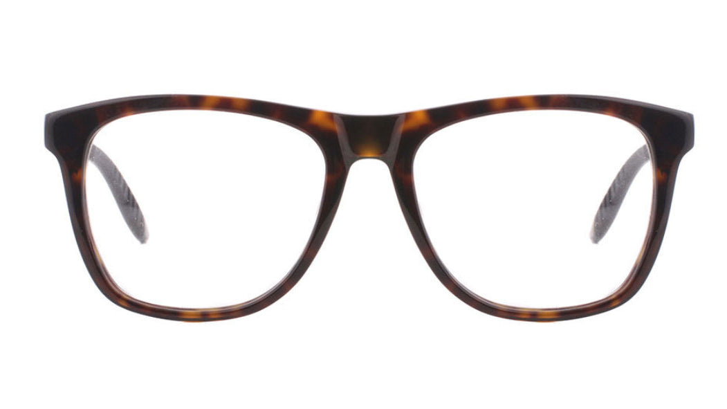 A pair of thick-framed eyeglasses with a classic tortoiseshell pattern in dark brown and amber, shown against a plain white background.