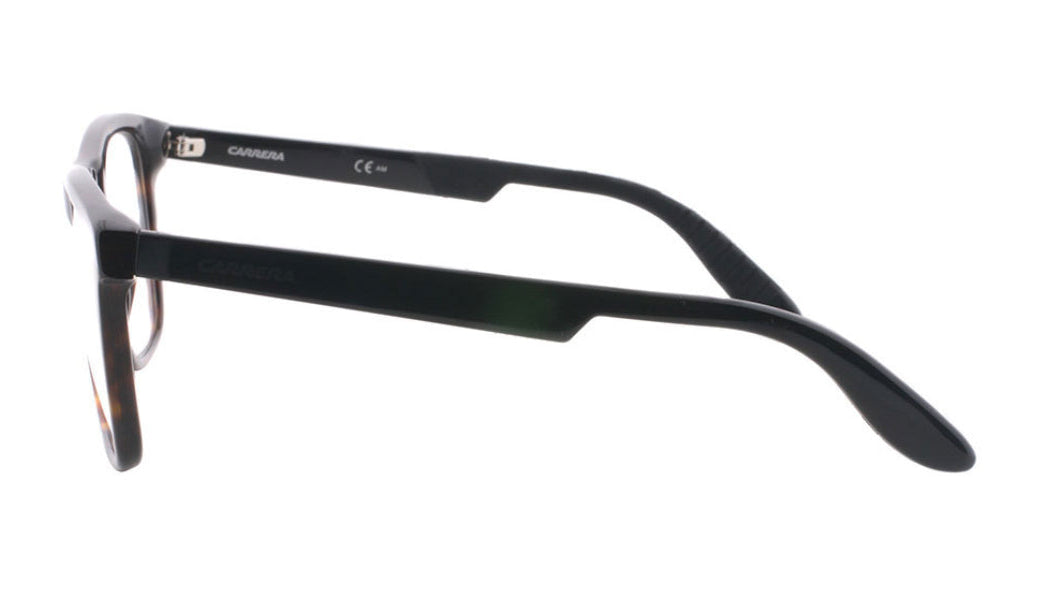 Black acetate square eyeglass frames with a tortoiseshell pattern on the front rims and 'CARRERA' printed on the inner temple arm, shown from a side profile on a white background.