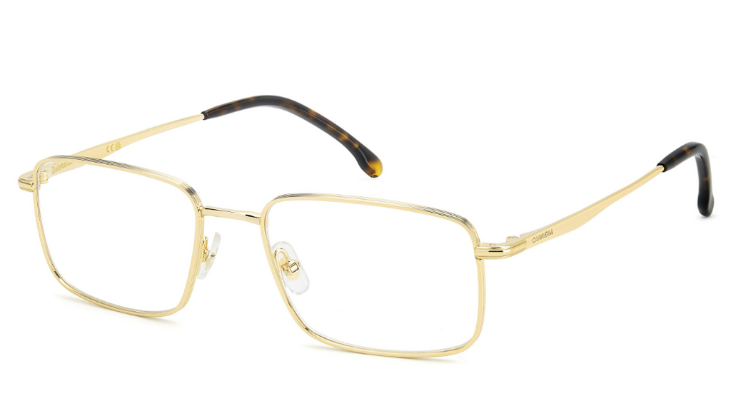 Gold metal-framed eyeglasses with a thin rectangular border and tortoiseshell temple tips, shown on a plain white background.