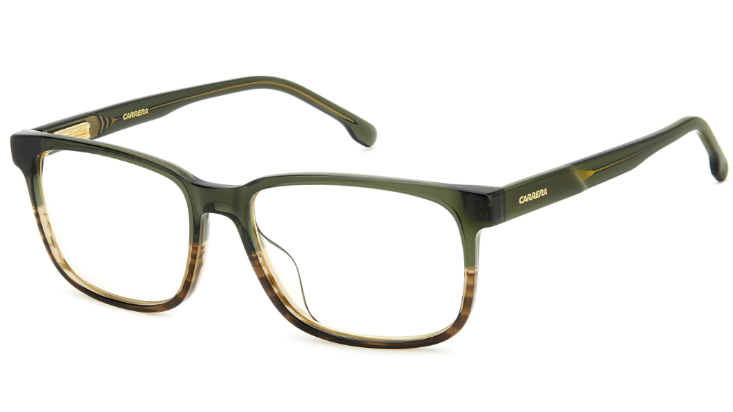 Carrera rectangular eyeglasses with a dark olive green acetate frame and tortoiseshell patterned lower rims, shown on a plain white background.