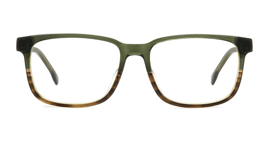 Rectangular eyeglasses with a translucent olive green upper frame and a tortoiseshell patterned lower frame, shown against a plain white background.