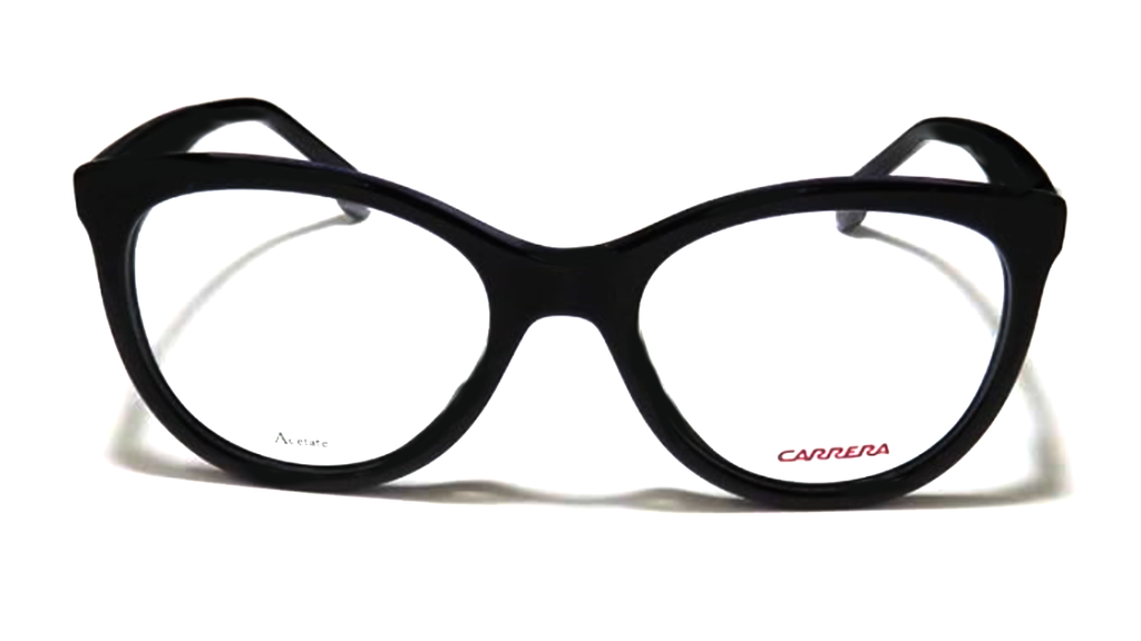 Black cat-eye eyeglass frames with clear lenses and a red Carrera logo on the lower right lens, shown on a white background.
