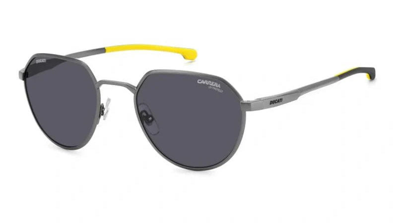 A pair of Camisa sunglasses with dark gray lenses, a gray metal frame, and bright yellow temple tips, shown on a plain white background.