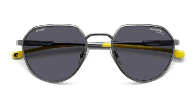 Sunglasses with dark lenses and yellow accents on a white background