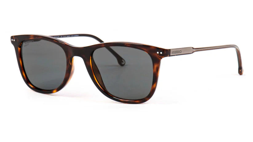 A pair of vintage-style sunglasses with a dark brown tortoiseshell frame and dark gray lenses, shown on a plain white background.