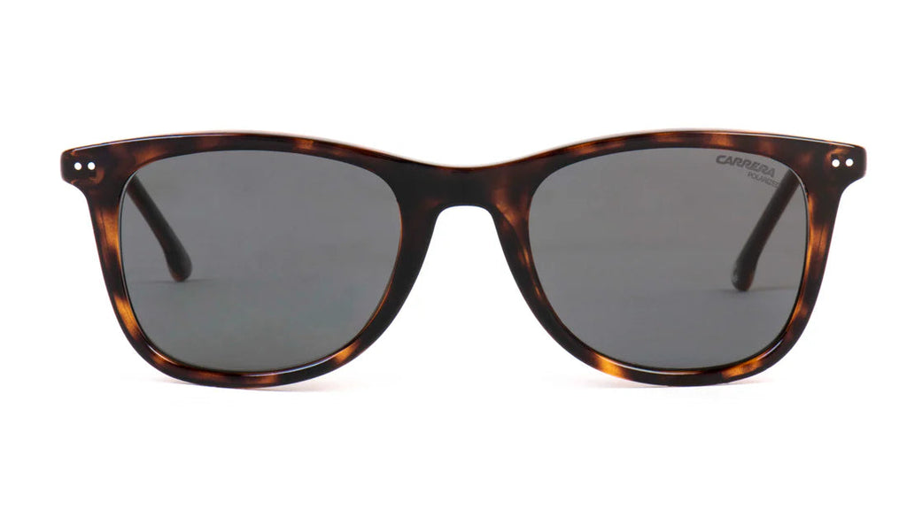 sunglasses with a dark brown and amber tortoiseshell acetate frame and dark gray lenses, shown from a front-facing perspective on a white background.
