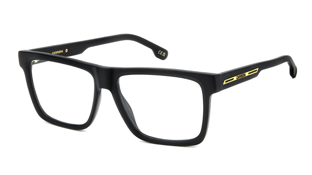 Black acetate square eyeglasses with gold-tone Carrera branding on the temples, shown on a plain white background.