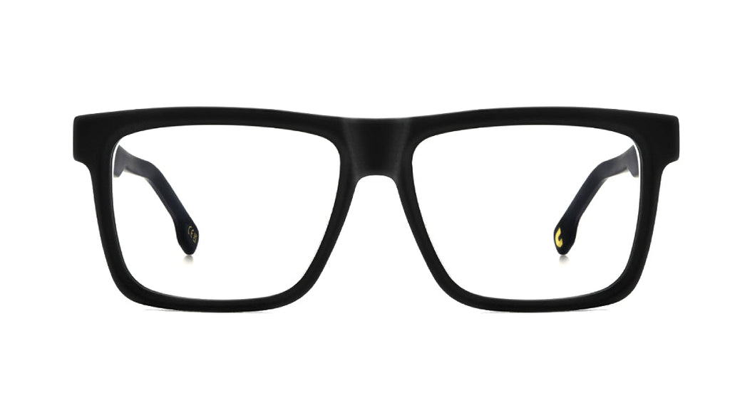 Black rectangular eyeglass frames with clear lenses and small gold details on the inner temples, shown against a plain white background.