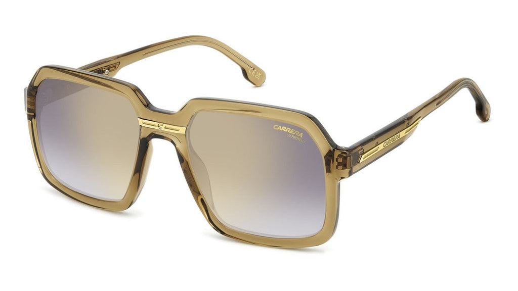 A pair of square sunglasses with a translucent amber-brown acetate frame and gradient gray-to-blue lenses, shown on a plain white background.