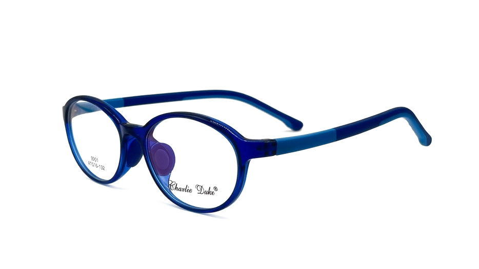 Blue round eyeglass frames with a translucent finish and a purple nose pad, shown on a white background. The brand name 'Charlie Duke' is printed on the lower right lens.
