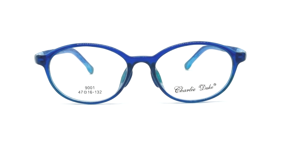 Blue oval eyeglass frames with clear lenses, featuring the 'Charlie Duke' brand name on the right lens and model number '9001 47 D 16-132' on the left lens, set against a plain white background.