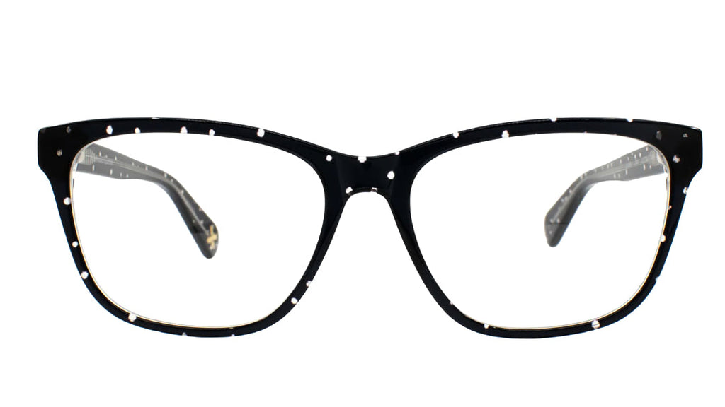 Black cat-eye eyeglasses with small white speckled details around the frame and clear lenses, shown against a plain white background.