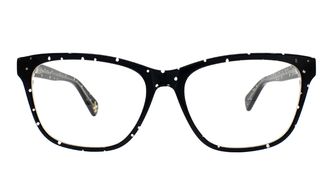 Black cat-eye eyeglasses with small white speckled details around the frame and clear lenses, shown against a plain white background.