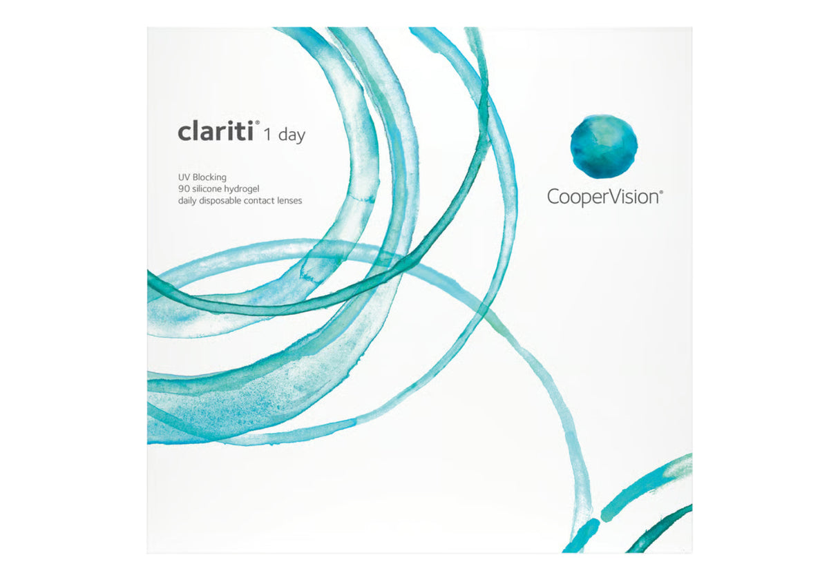 A white box of Clariti 1 Day contact lenses by CooperVision, featuring blue abstract swirls and a blue globe logo on a clean white background.