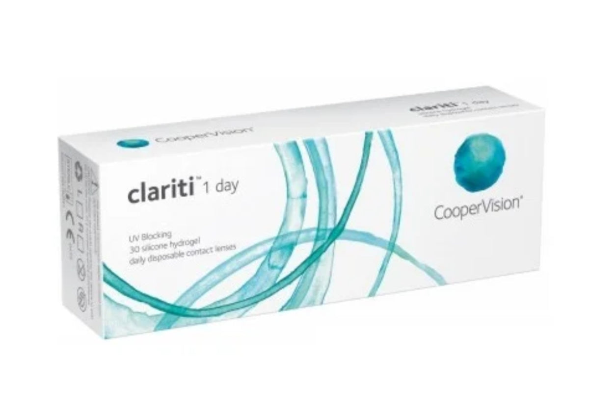 A box of CooperVision Clariti 1 day contact lenses, featuring a white packaging design with teal abstract wave patterns and the brand logos.