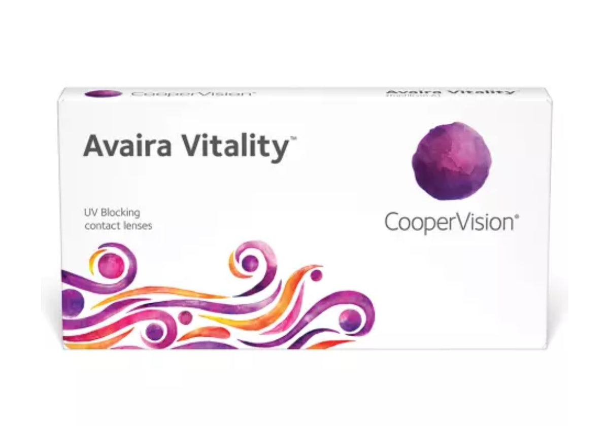 CooperVision Avaira Vitality UV blocking contact lenses in a white box with purple and orange abstract swirl designs.